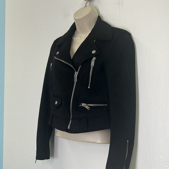 Zara - Black Faux Suede Cropped Moto Biker Long Sleeve Zipper Jacket Size XS - Picture 7 of 11